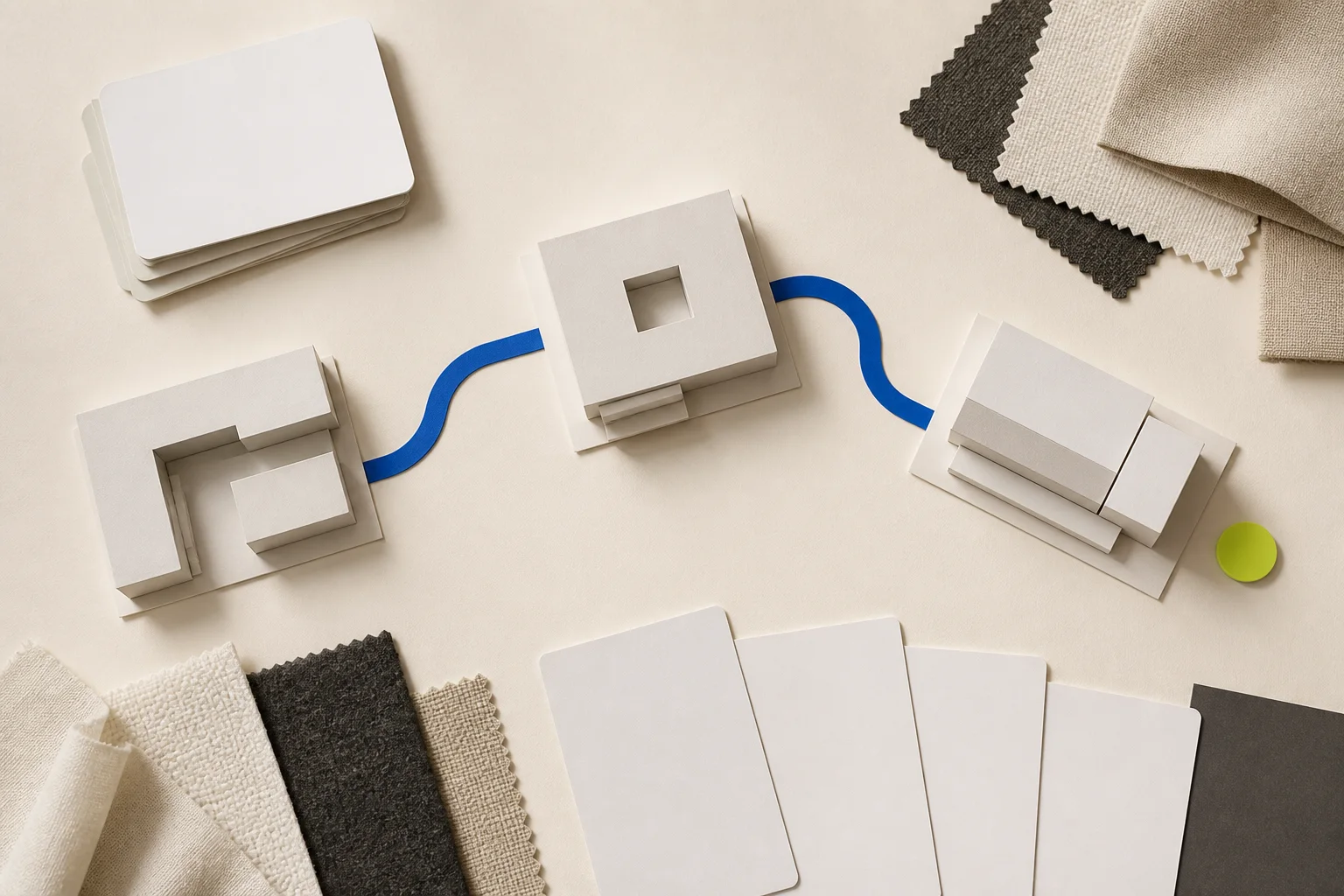 Abstract cream architectural blocks form a three-building fashion market route with blank buyer cards, textile swatches, a cobalt path, and one acid-lime verification marker.