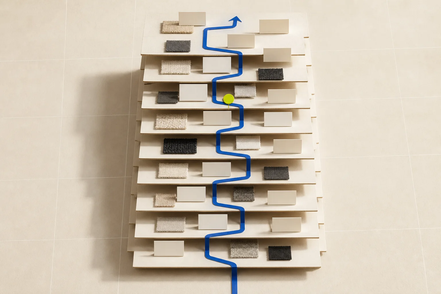 Abstract twelve-level cream paper tower with blank showroom cards, a cobalt floor route, textile swatches, and one acid-lime verification marker.