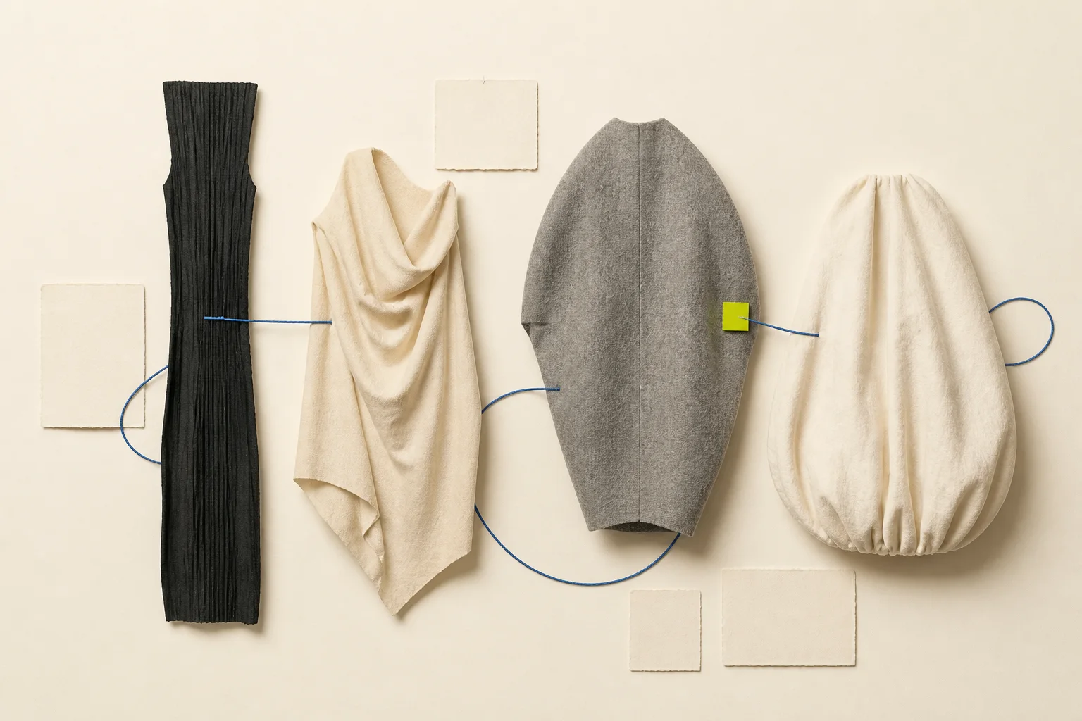 Abstract linear, draped, cocoon, and balloon garment cutouts arranged as evidence cards on warm cream tactile paper, connected by a cobalt route and one acid-lime review marker.
