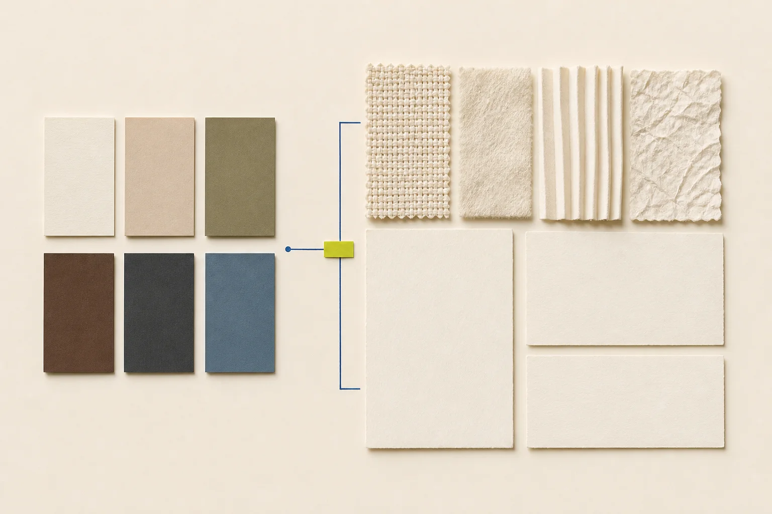 Equal color and tactile material swatches expand into richer blank specification cards on warm cream paper, connected by a cobalt route and one acid-lime review marker.