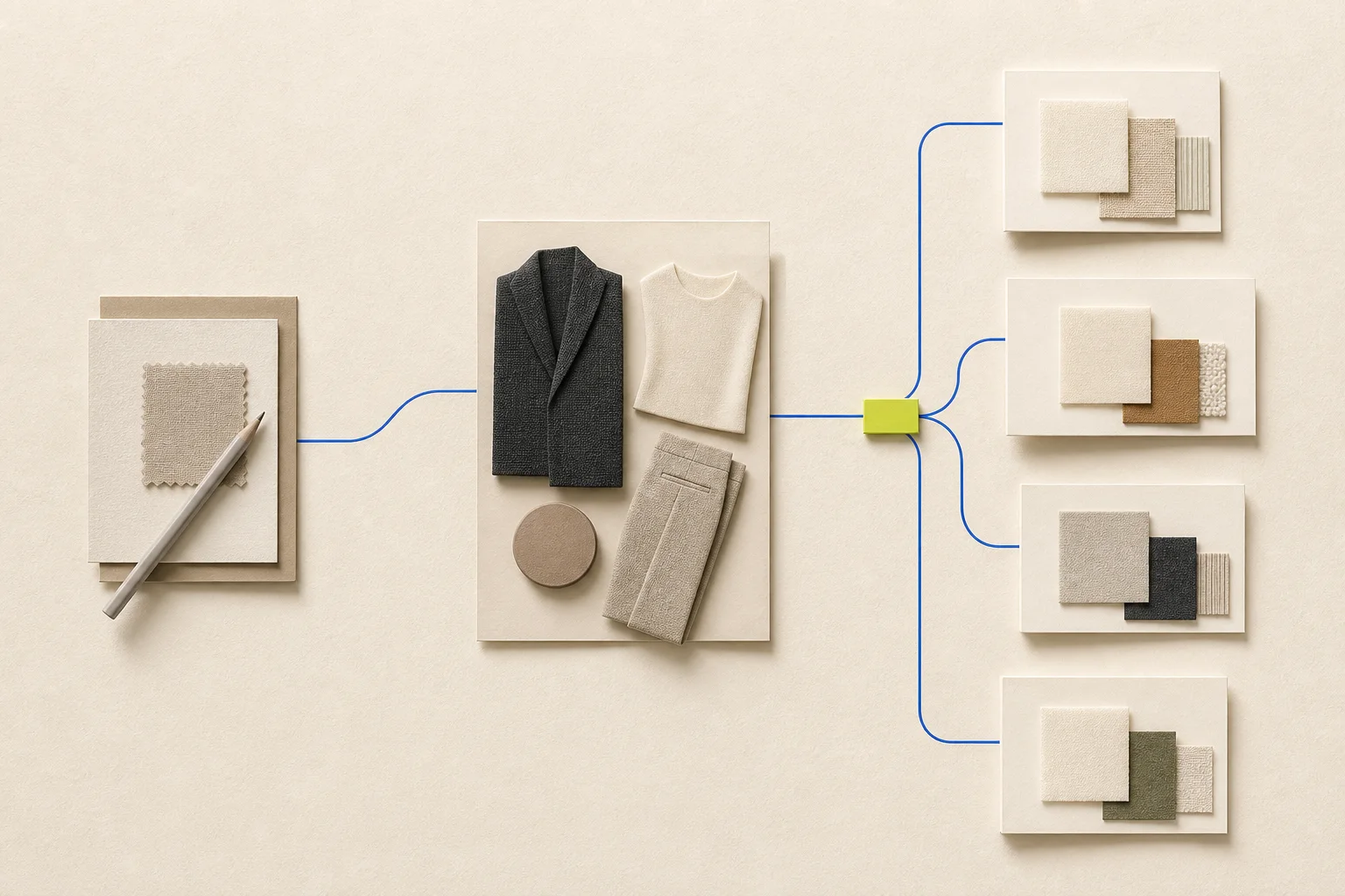 An abstract personal wardrobe cluster connects to a human styling card and blank AI-assisted recommendation modules on warm cream paper, with a cobalt route and one acid-lime review marker.