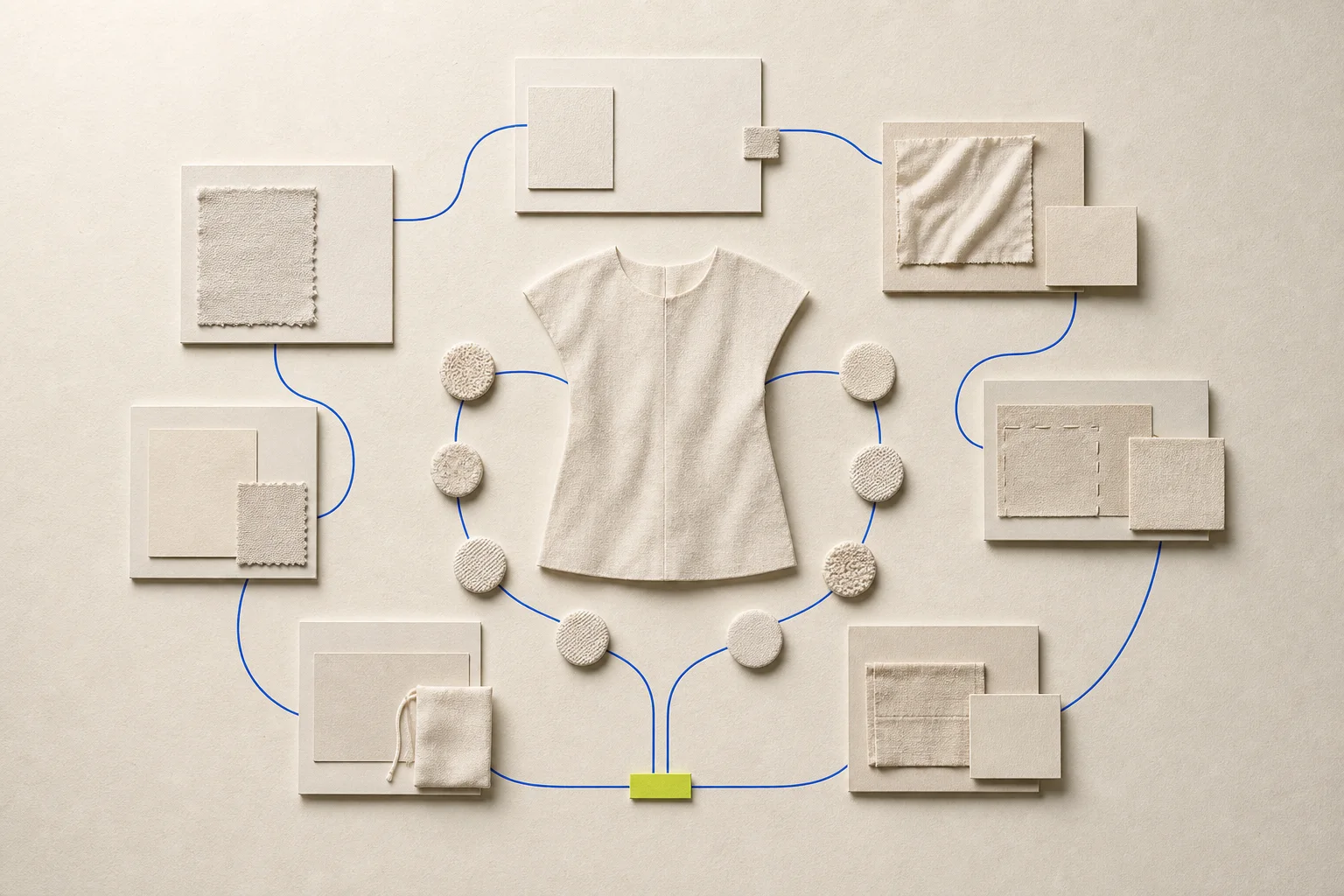 An abstract garment connects to blank product identity, care, repair, alteration, repeated-wear, and resale modules on warm cream paper, with a cobalt route and one acid-lime review marker.