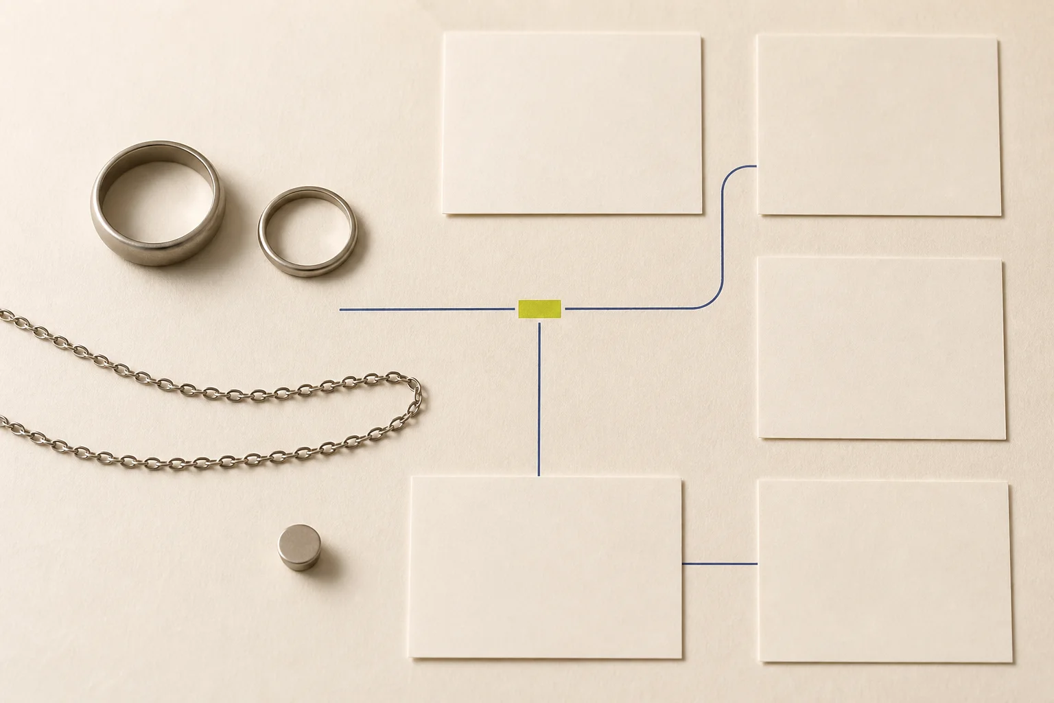 Understated unbranded rings, a chain, and a stud sit beside blank identity, care, service, and repeated-wear cards on warm cream paper, connected by a cobalt route and one acid-lime review marker.