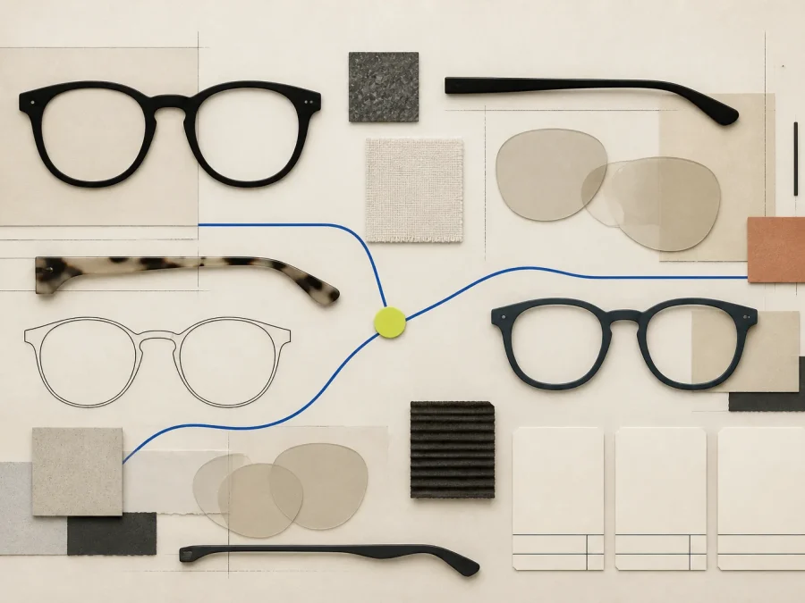 Abstract eyeglass-frame silhouettes, lens blanks, textile swatches, and evidence cards arranged on warm cream paper with a cobalt path and acid-lime review marker.