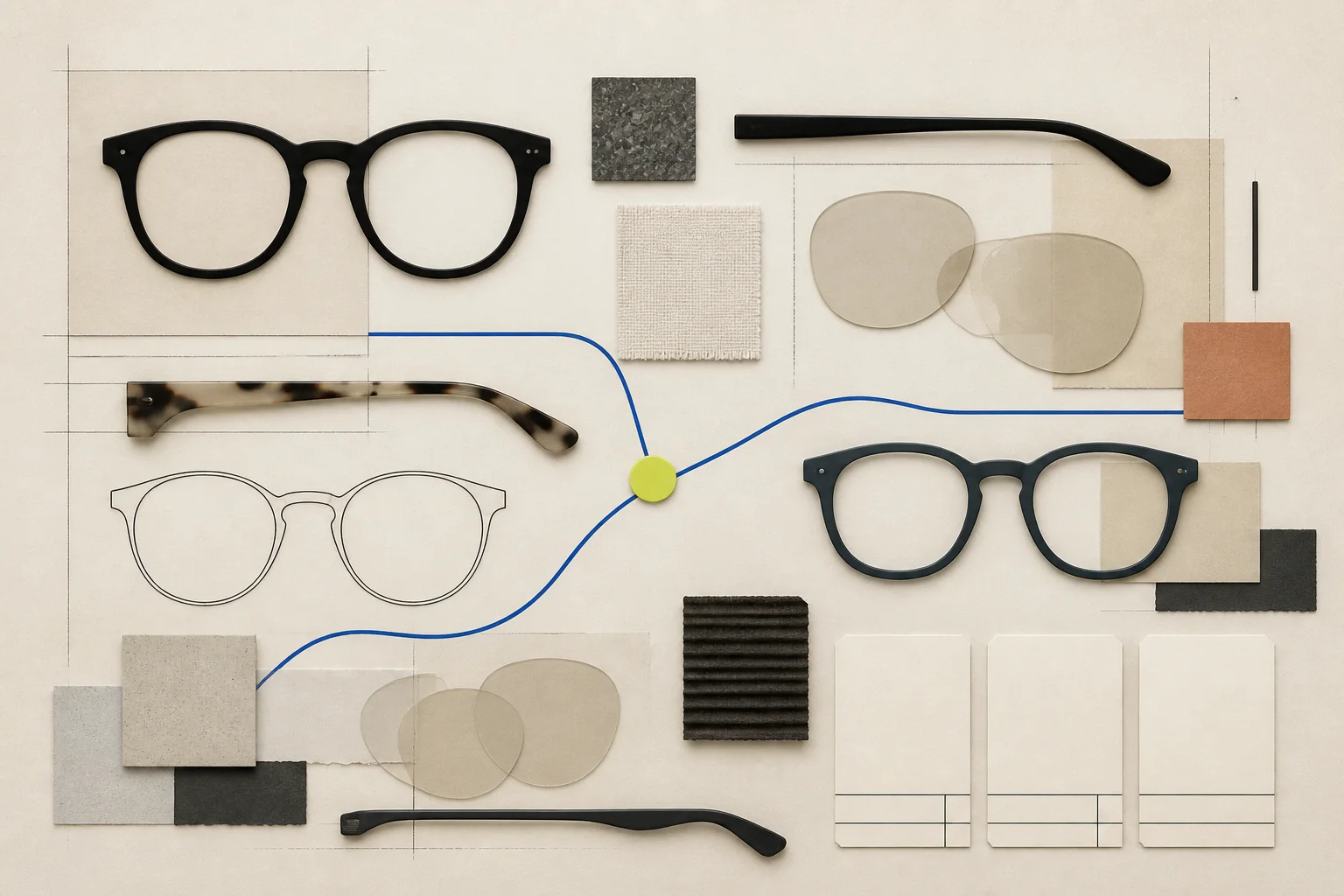 Abstract eyeglass-frame silhouettes, lens blanks, textile swatches, and evidence cards arranged on warm cream paper with a cobalt path and acid-lime review marker.