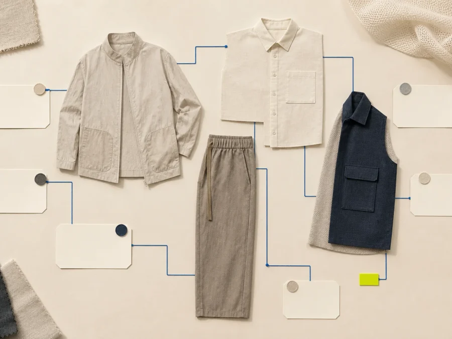 Abstract lightweight jacket, soft shirt, trouser, and detachable layer modules connect across blank task and wearer evidence cards on warm cream paper, with a cobalt route and one acid-lime review marker.
