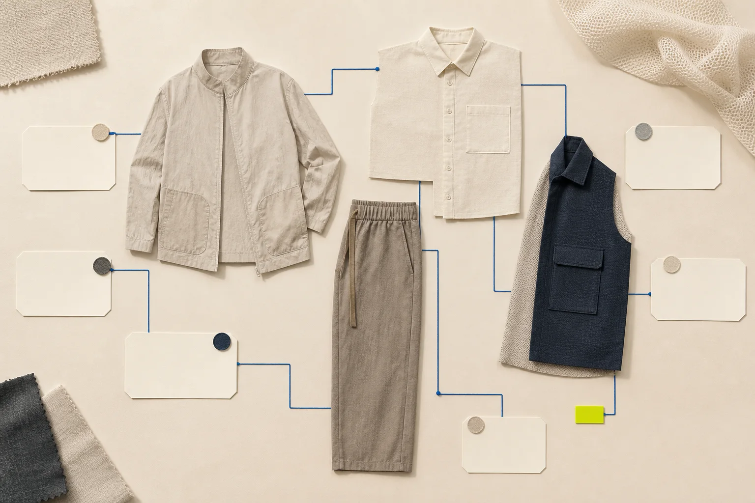 Abstract lightweight jacket, soft shirt, trouser, and detachable layer modules connect across blank task and wearer evidence cards on warm cream paper, with a cobalt route and one acid-lime review marker.
