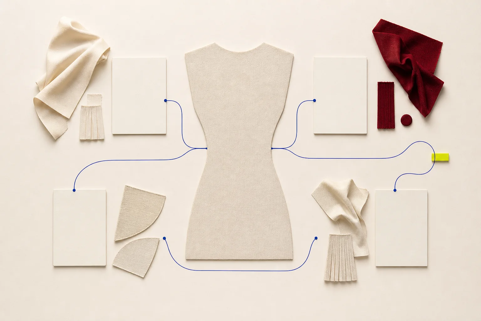 An abstract occasionwear base garment branches into daytime, evening, layer, and movement configurations across blank evidence cards on warm cream paper, with a cobalt route and one acid-lime review marker.