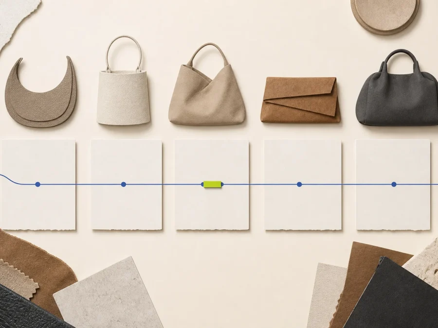 Five abstract unbranded bag-shape cutouts move through blank runway, product, buyer, receipt, and return evidence cards on warm cream paper, linked by a cobalt route and one acid-lime review marker.