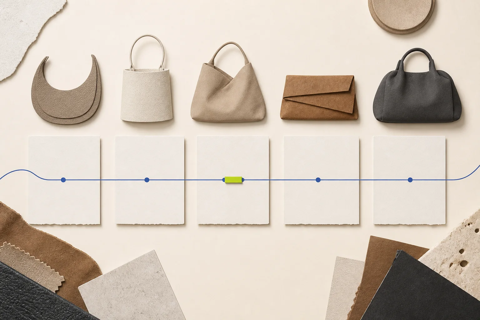 Five abstract unbranded bag-shape cutouts move through blank runway, product, buyer, receipt, and return evidence cards on warm cream paper, linked by a cobalt route and one acid-lime review marker.