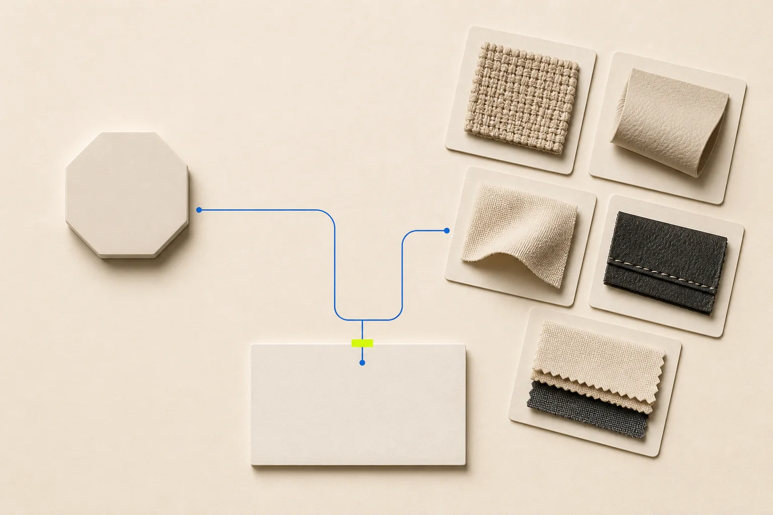 A blank logo token and several tactile material and construction samples sit on equal evidence cards before a physical inspection gate on warm cream paper, with a cobalt route and one acid-lime marker.