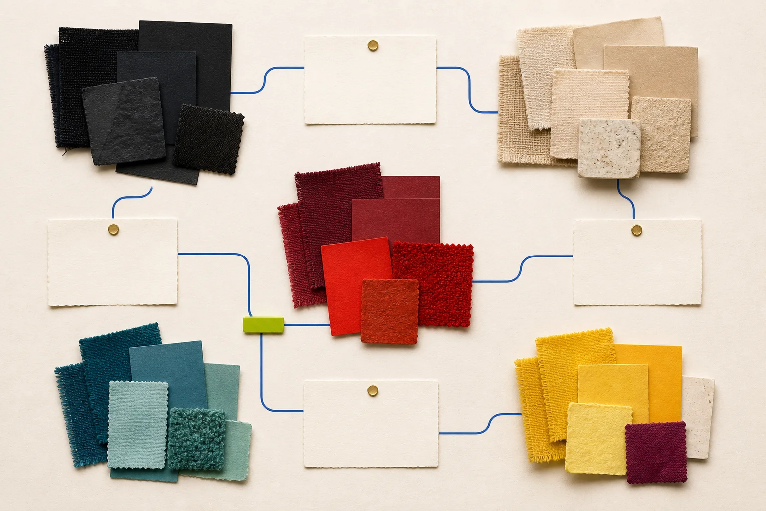 Five abstract color-family swatch clusters sit beside blank source, buyer, inventory, return, and physical-sample cards on warm cream paper, linked by a cobalt route and one acid-lime marker.