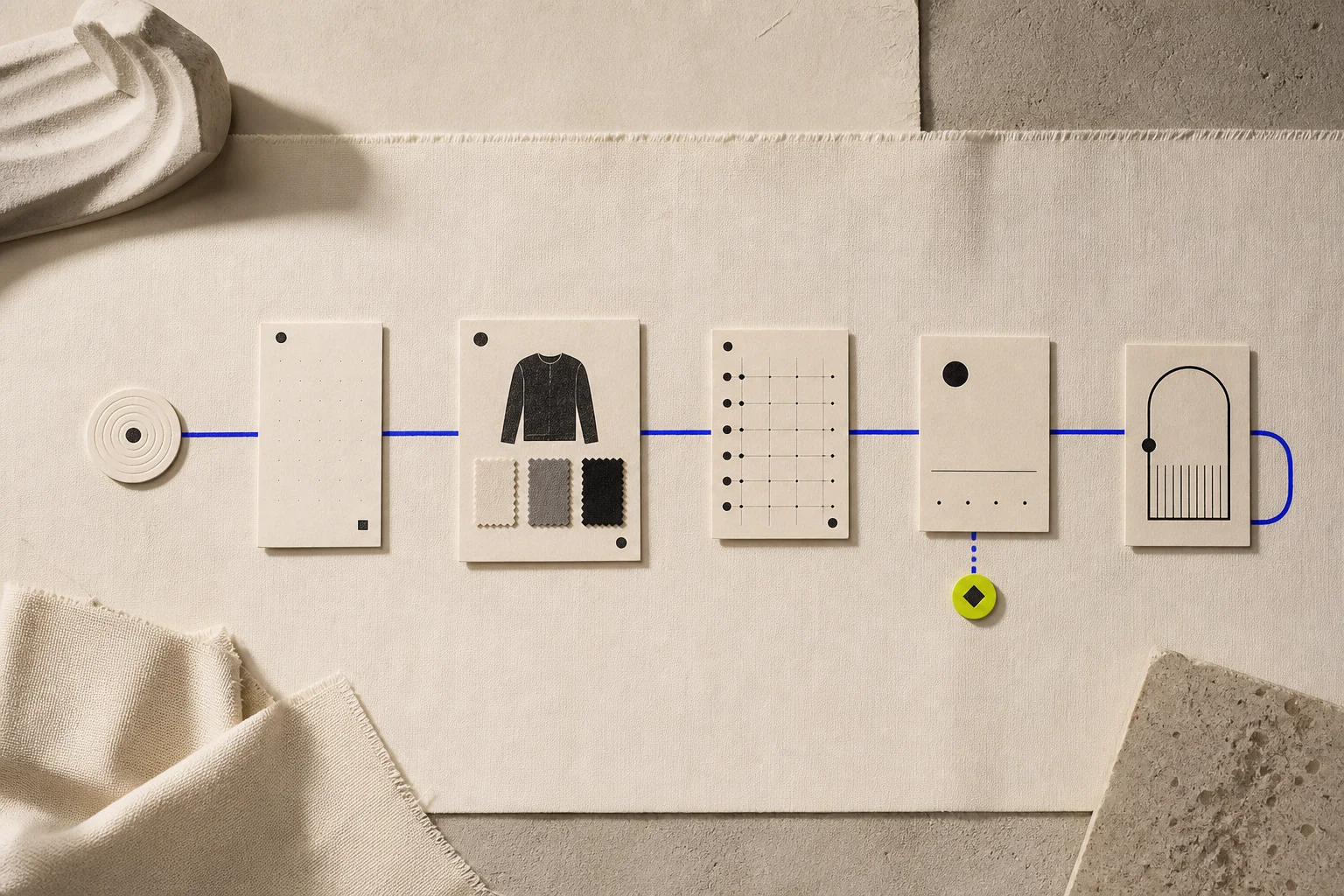 An abstract editorial pathway connects a social-signal token to blank search, product, inventory, kept-sale, and reorder evidence cards on warm cream paper.