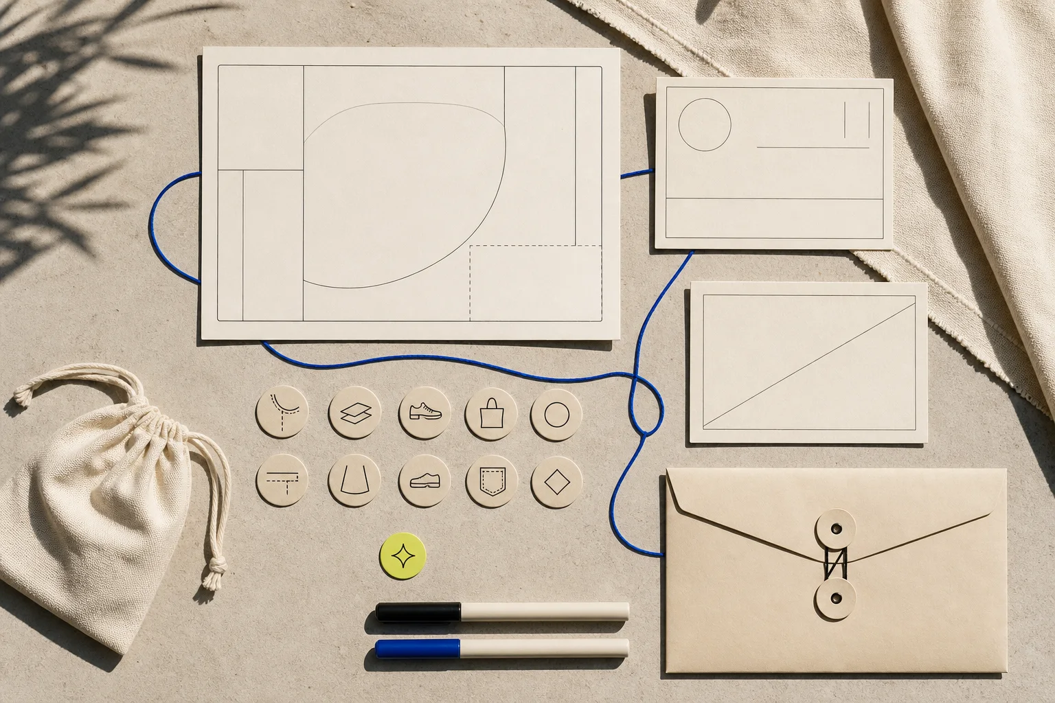A non-documentary field-research kit of blank observation-zone, weather, garment-code, consent, and image-rights cards rests on warm cream paper.