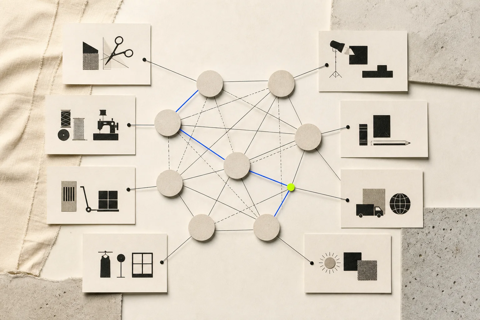 Distributed abstract regional nodes connect to blank cards for design labor, manufacturing, wholesale, retail, media, education, logistics, and climate on warm cream paper.