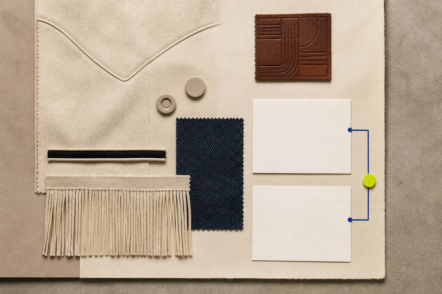 Abstract unbranded samples of yoke seams, snap-like discs, piping, fringe, denim twill, and geometric leather tooling sit beside blank historical and retail evidence cards.