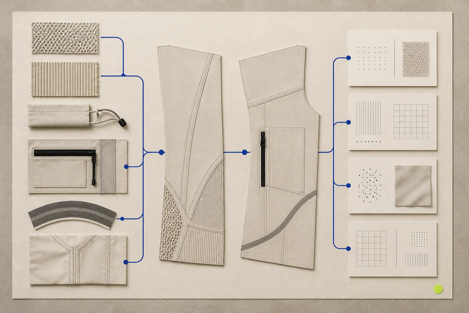 Abstract mesh, rib, drawcord, zipper, pocket, and seam modules move along a cobalt path into unbranded tailored garment panels on warm cream paper.
