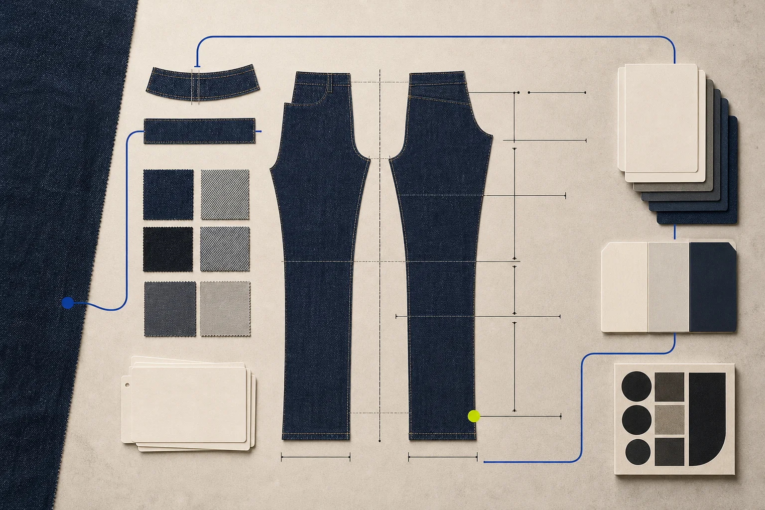Abstract unbranded denim panels compare rise, thigh, knee, inseam, and leg-opening measurements beside blank evidence cards on warm cream paper.