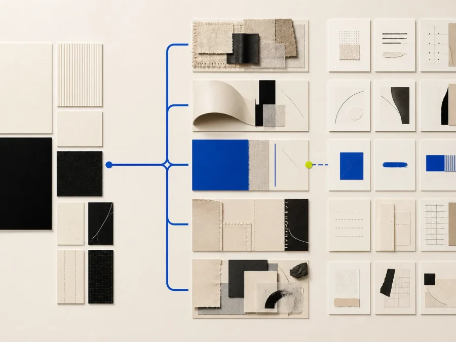 Abstract unbranded design-board modules move from restrained cream rectangles into material texture, expressive volume, color, visible construction, and narrative reference.