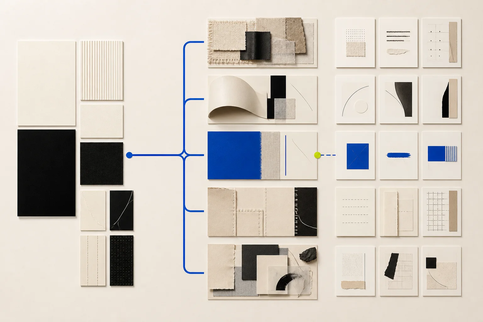 Abstract unbranded design-board modules move from restrained cream rectangles into material texture, expressive volume, color, visible construction, and narrative reference.