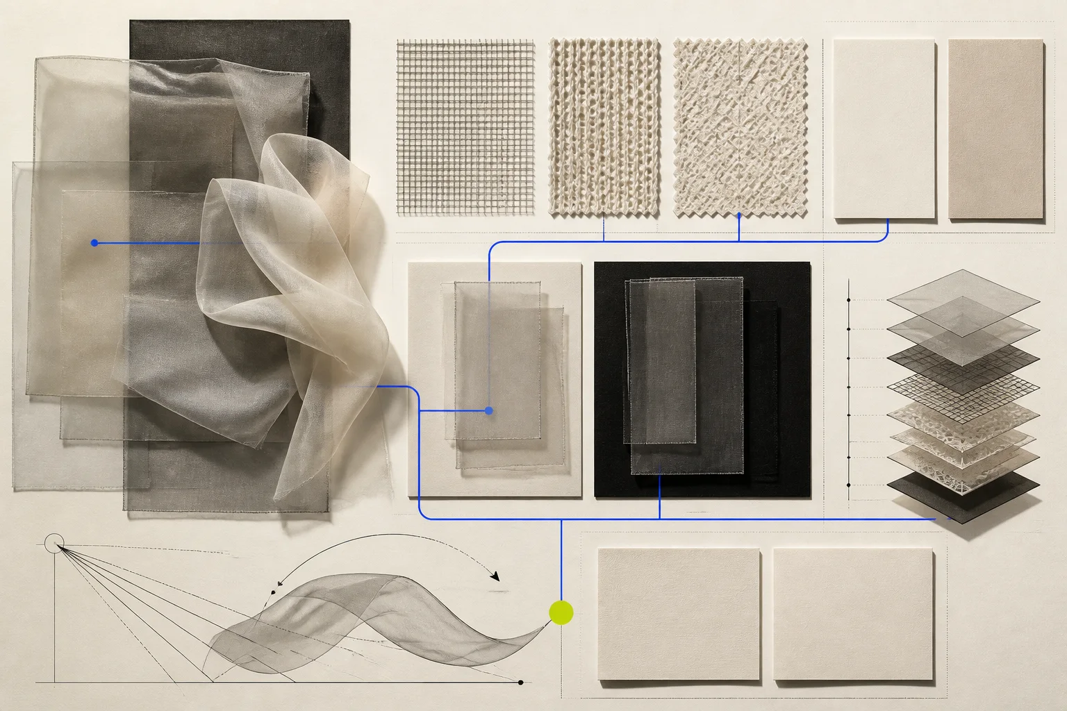 Abstract translucent fabric swatches, mesh grids, organza-like planes, lining cards, and layered color blocks overlap without forming a body or branded garment.