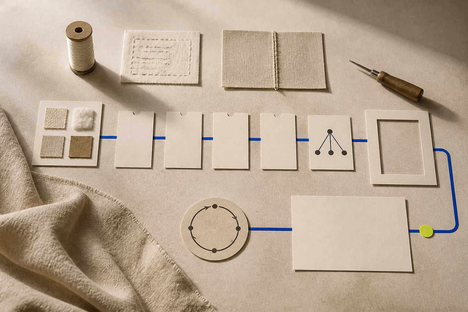 Abstract unbranded thread, seam, tool, material swatch, process-step cards, repair loop, and evidence tags form a craft-to-trust pathway on warm cream paper.