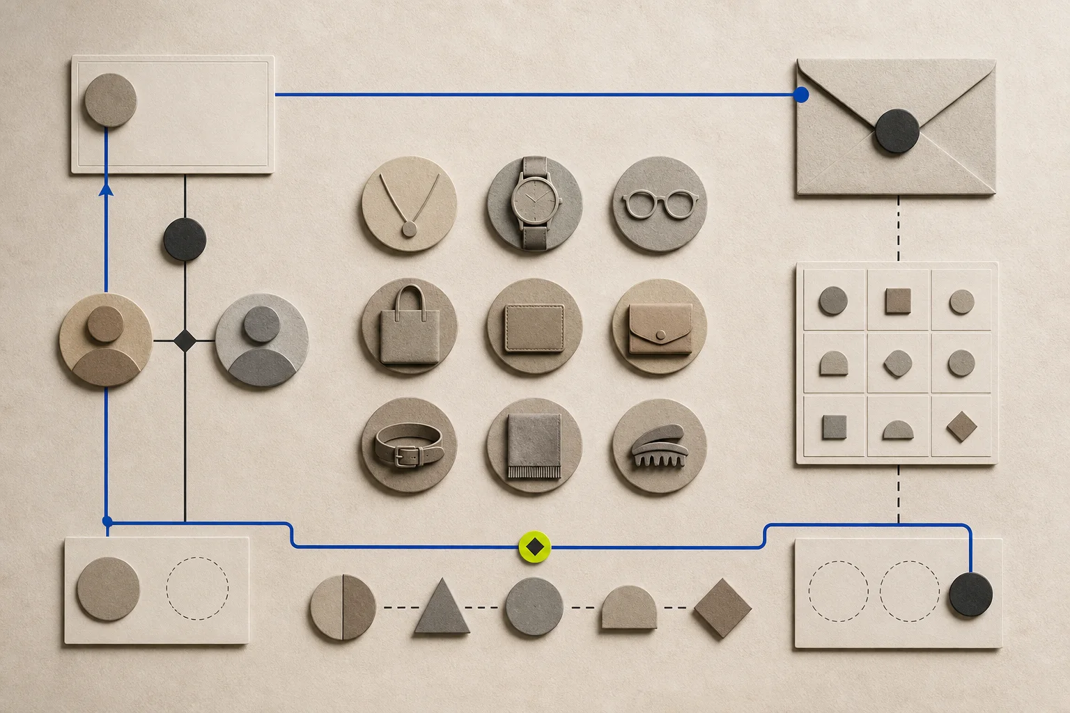 Abstract unbranded accessory tokens for jewelry, bags, small leather goods, scarves, belts, eyewear, watches, and hair accessories surround a consent card and category grid.