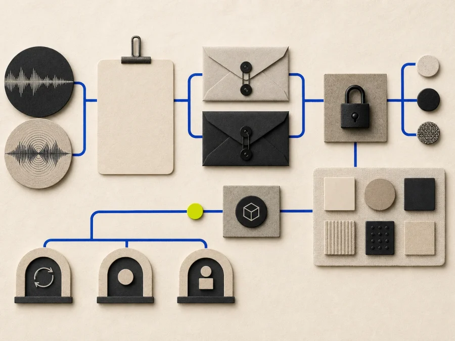 Abstract sound-wave tokens, community source cards, rights envelopes, unbranded merchandise modules, retail checkpoints, and kept-sale gates form a cobalt evidence pathway.