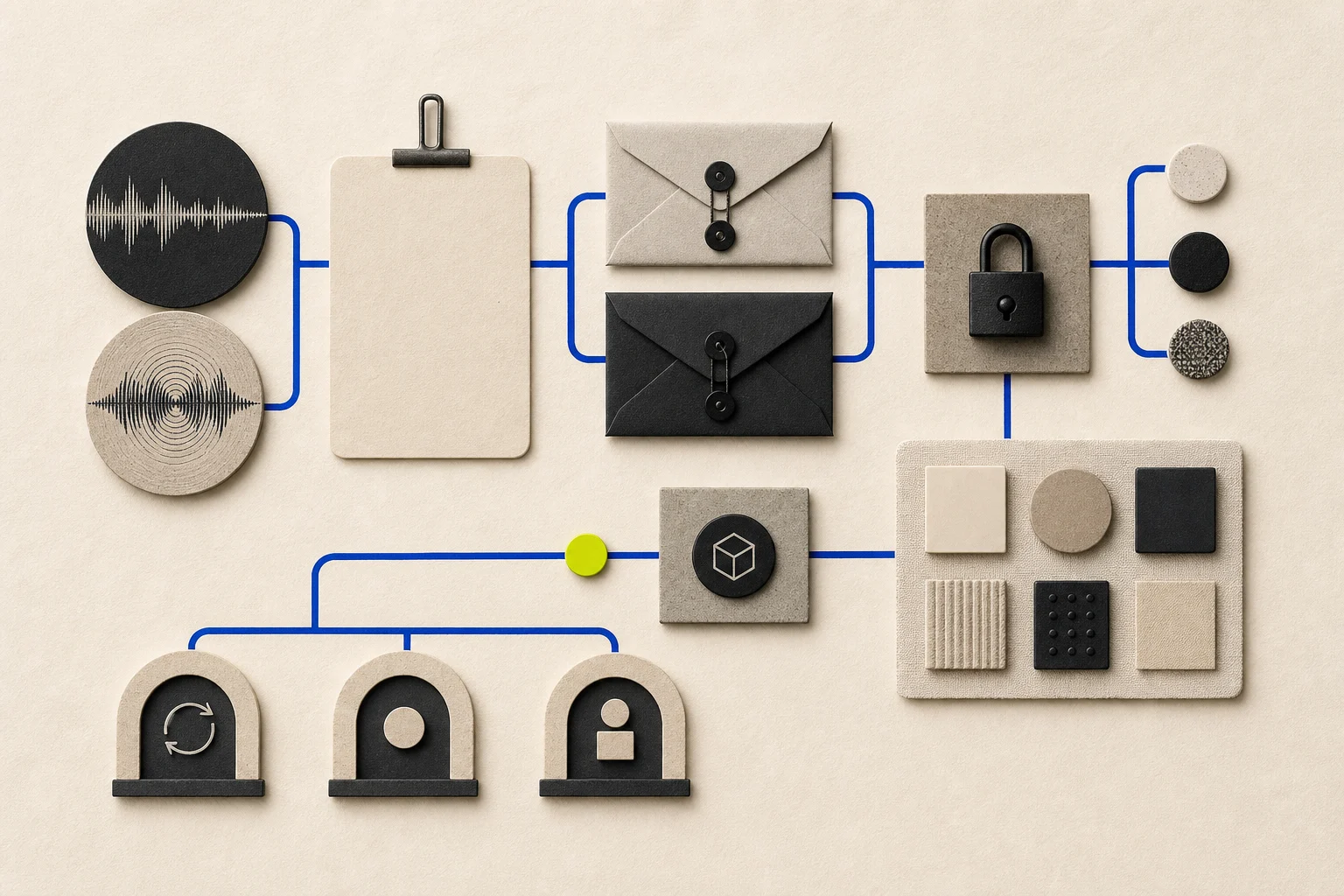 Abstract sound-wave tokens, community source cards, rights envelopes, unbranded merchandise modules, retail checkpoints, and kept-sale gates form a cobalt evidence pathway.
