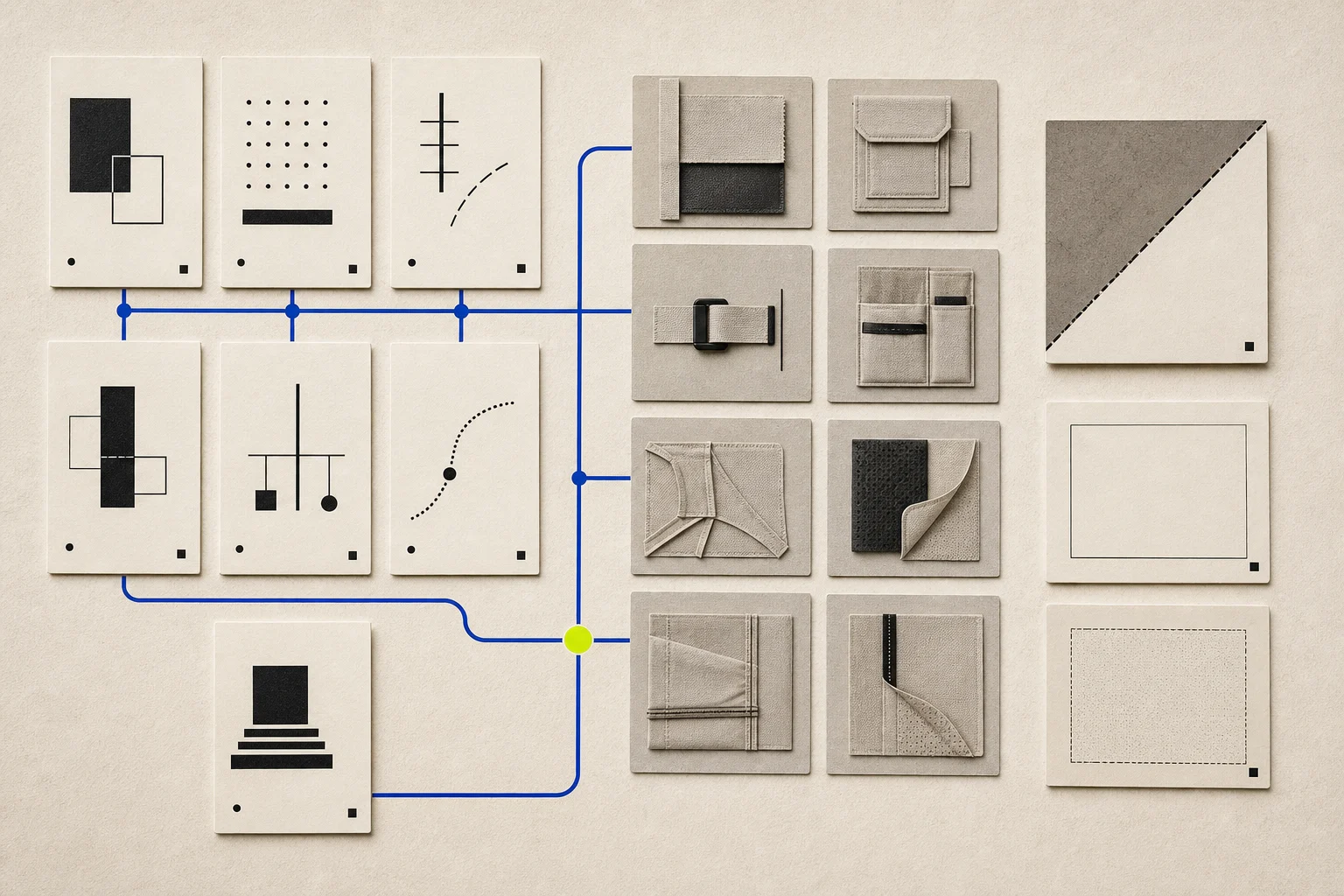 Abstract task cards for screen work, studio making, fittings, installation, travel, and presentation connect to unbranded garment-component and accessibility modules.
