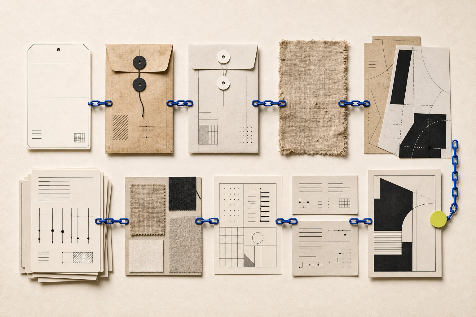 Abstract archive-object cards, provenance and rights envelopes, pattern comparison layers, a change ledger, material swatches, and a current product gate form a cobalt chain.