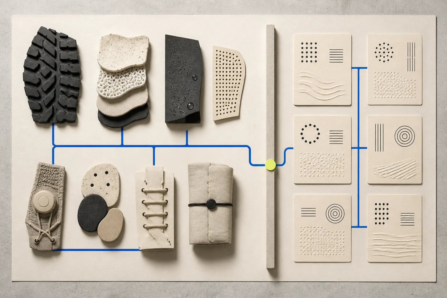 Abstract unbranded outsole, upper, closure, footbed, toe, heel, surface-test, fit, care, and retail modules form a hybrid-footwear evidence board.