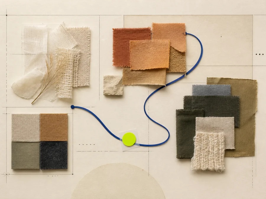 Seasonal fabric swatches move around a calm baseline grid through a cobalt flexible-inventory path, marked by one acid-lime review tab on cream paper.