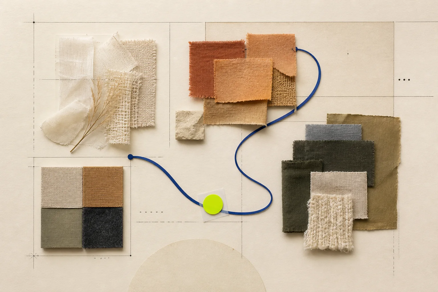 Seasonal fabric swatches move around a calm baseline grid through a cobalt flexible-inventory path, marked by one acid-lime review tab on cream paper.