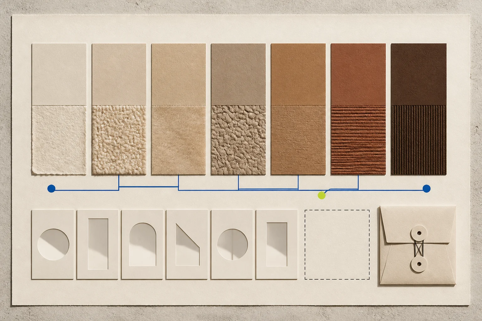 Abstract cream, ecru, oat, sand, camel, tobacco, stone, and brown swatches compare smooth, tweed, raffia, knit, brushed, and woven surfaces under a controlled-light grid.