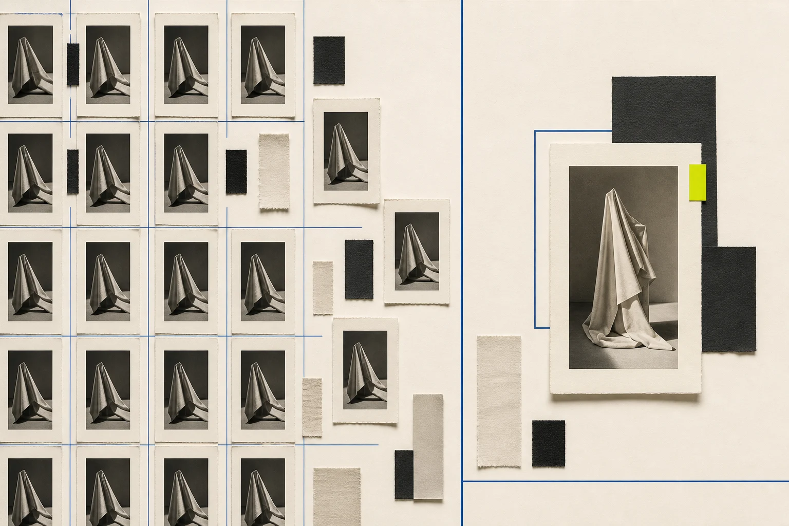 An abstract editorial grid of repeated fashion-feed frames gradually opens into a quieter human-scale path, using paper, graphite, cobalt, and one acid-lime marker.