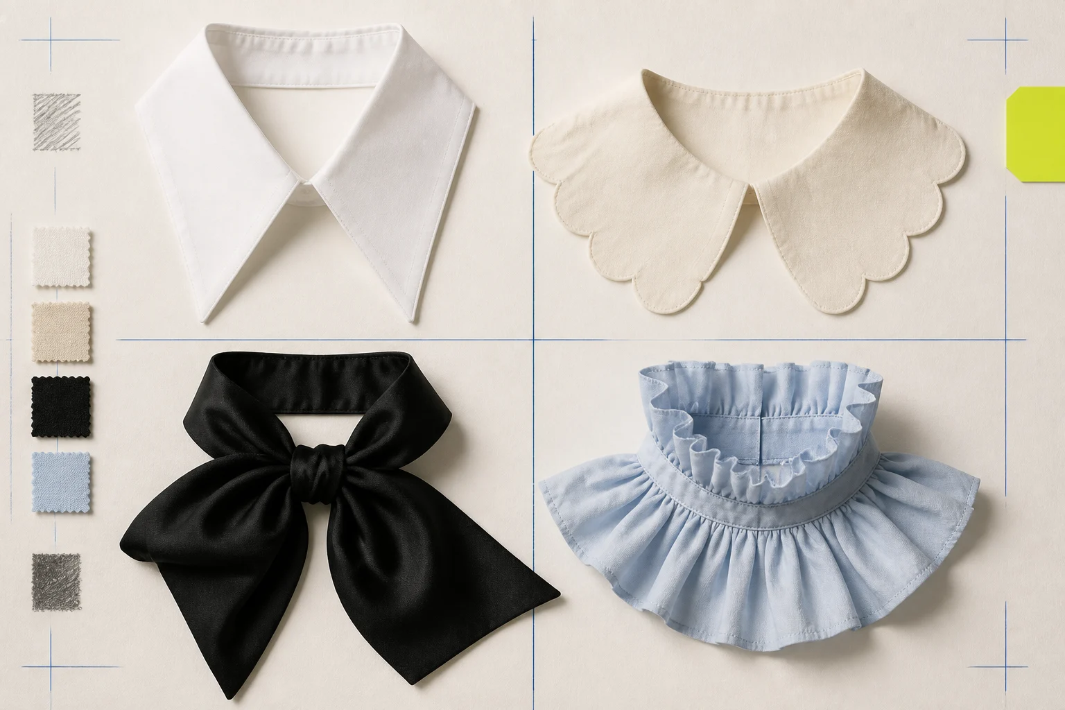 A non-documentary close-up study of oversized point, scalloped, bow, and ruffled collar forms arranged as tactile paper and fabric modules on warm cream.