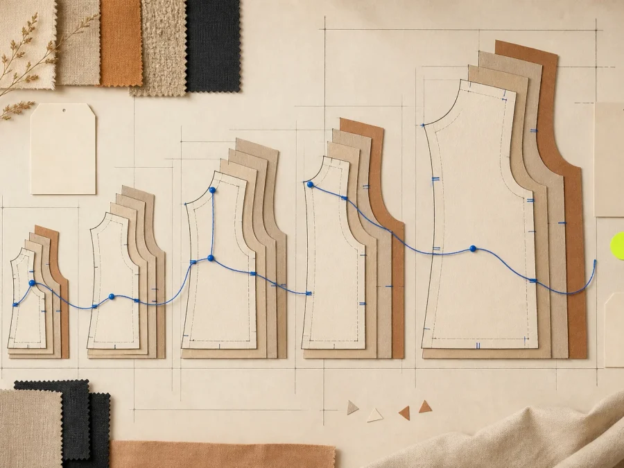 Nested garment-pattern modules in varied proportions sit with textile swatches and blank fit-review cards on cream paper, linked by cobalt lines and an acid-lime marker.