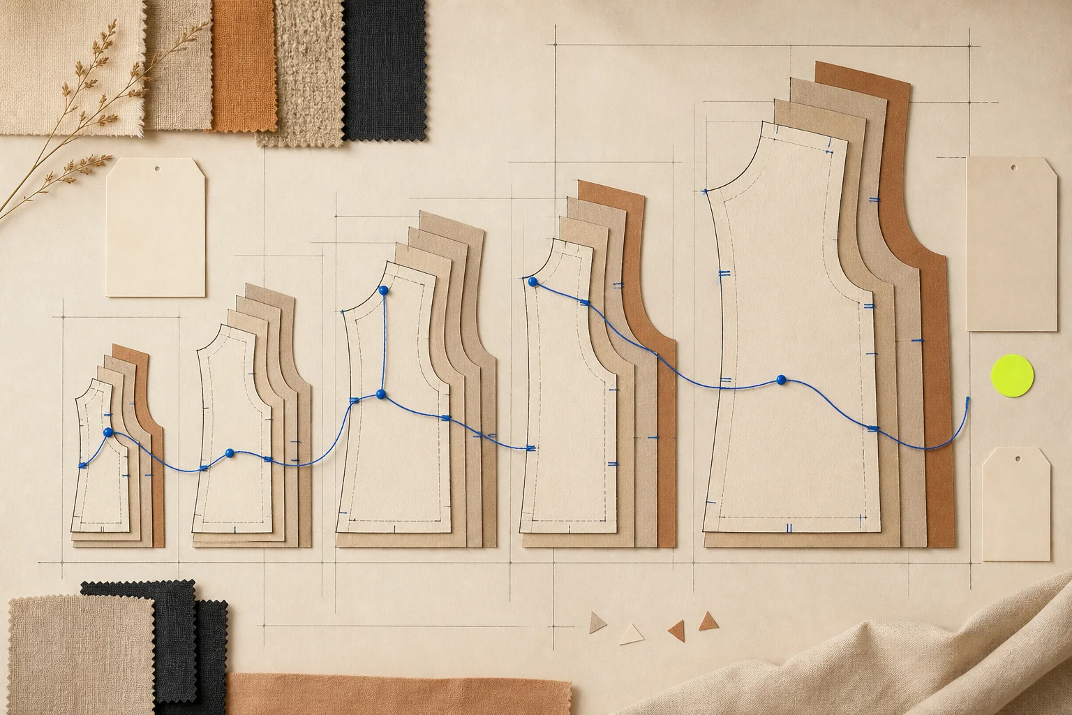 Nested garment-pattern modules in varied proportions sit with textile swatches and blank fit-review cards on cream paper, linked by cobalt lines and an acid-lime marker.