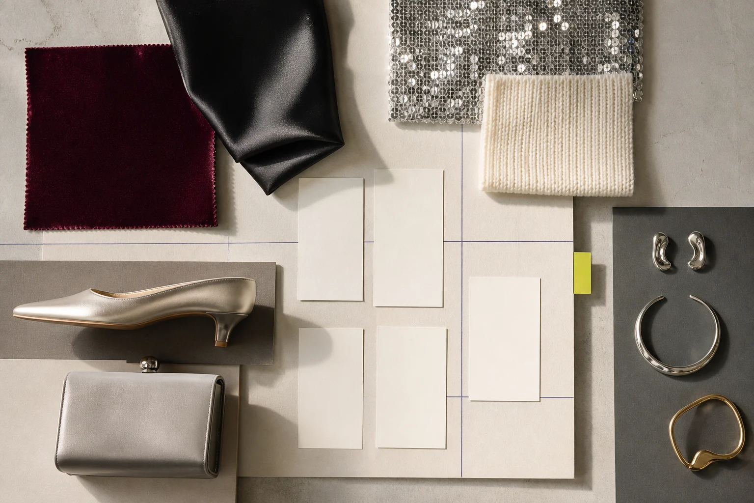 A non-documentary showroom planning table pairs velvet, satin, sequin, knit, shoe, and jewelry modules with blank assortment cards and one acid-lime review tab.