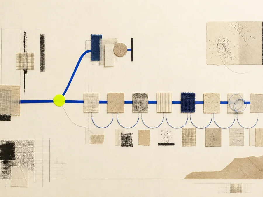 A short cobalt spike route and a sustained multi-stage route pass through textile modules and blank evidence cards on warm cream paper with one acid-lime review marker.