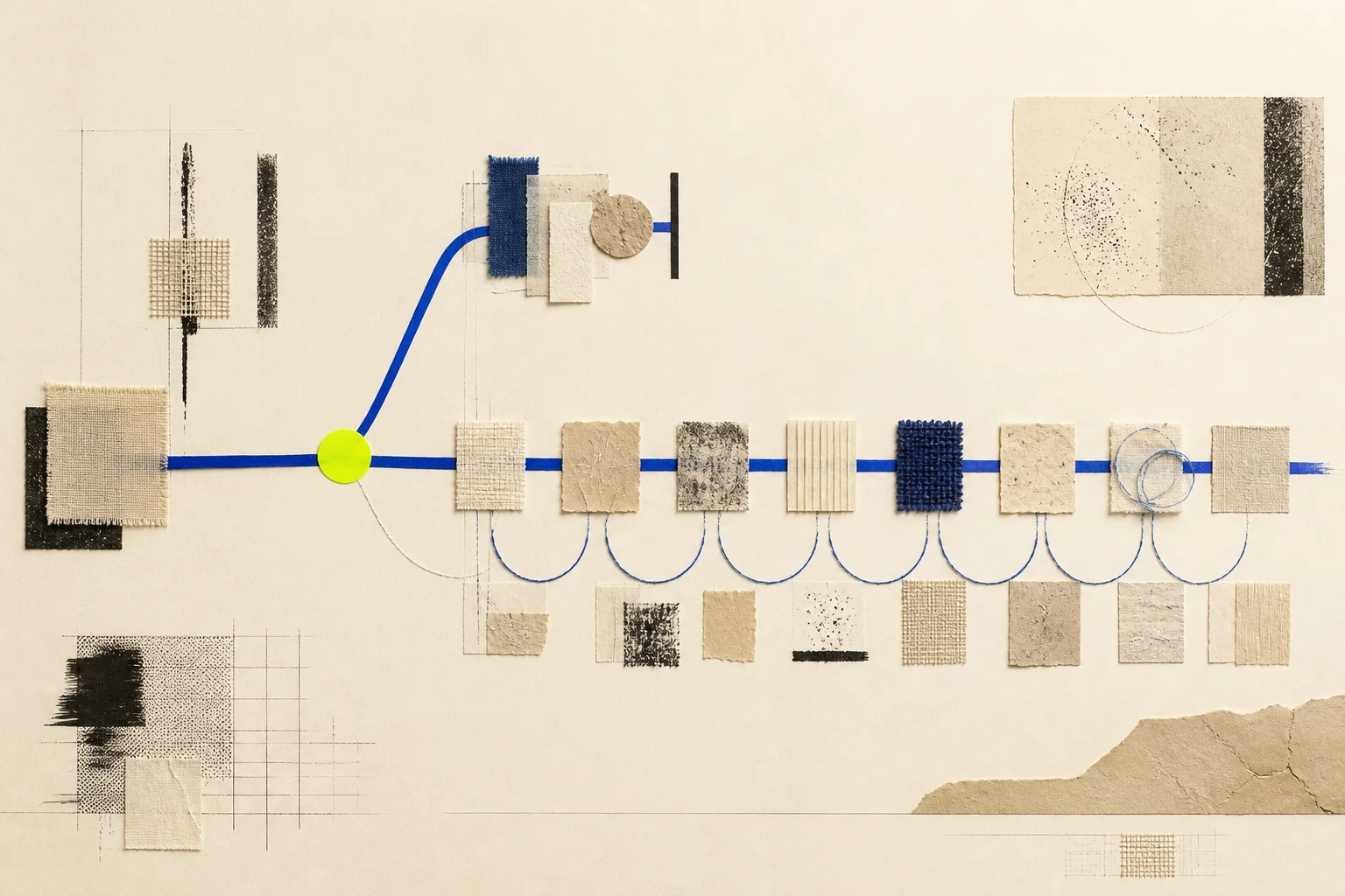 A short cobalt spike route and a sustained multi-stage route pass through textile modules and blank evidence cards on warm cream paper with one acid-lime review marker.