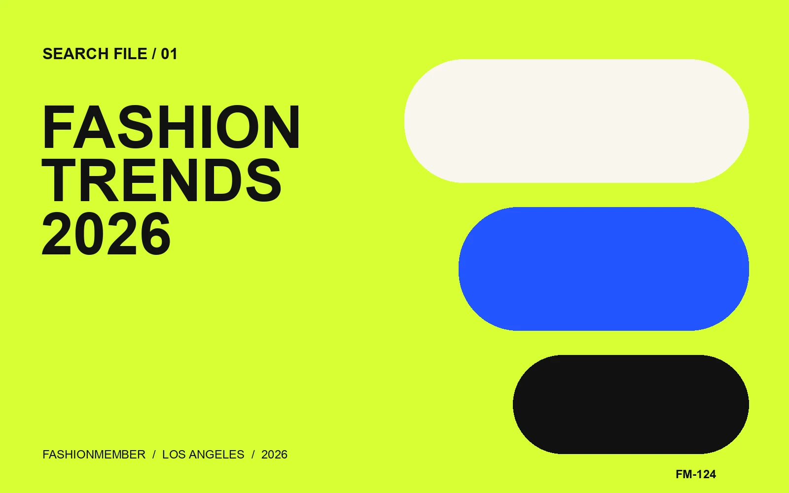Acid-lime editorial cover with blue, cream, and black rounded bars beside the words Fashion Trends 2026.