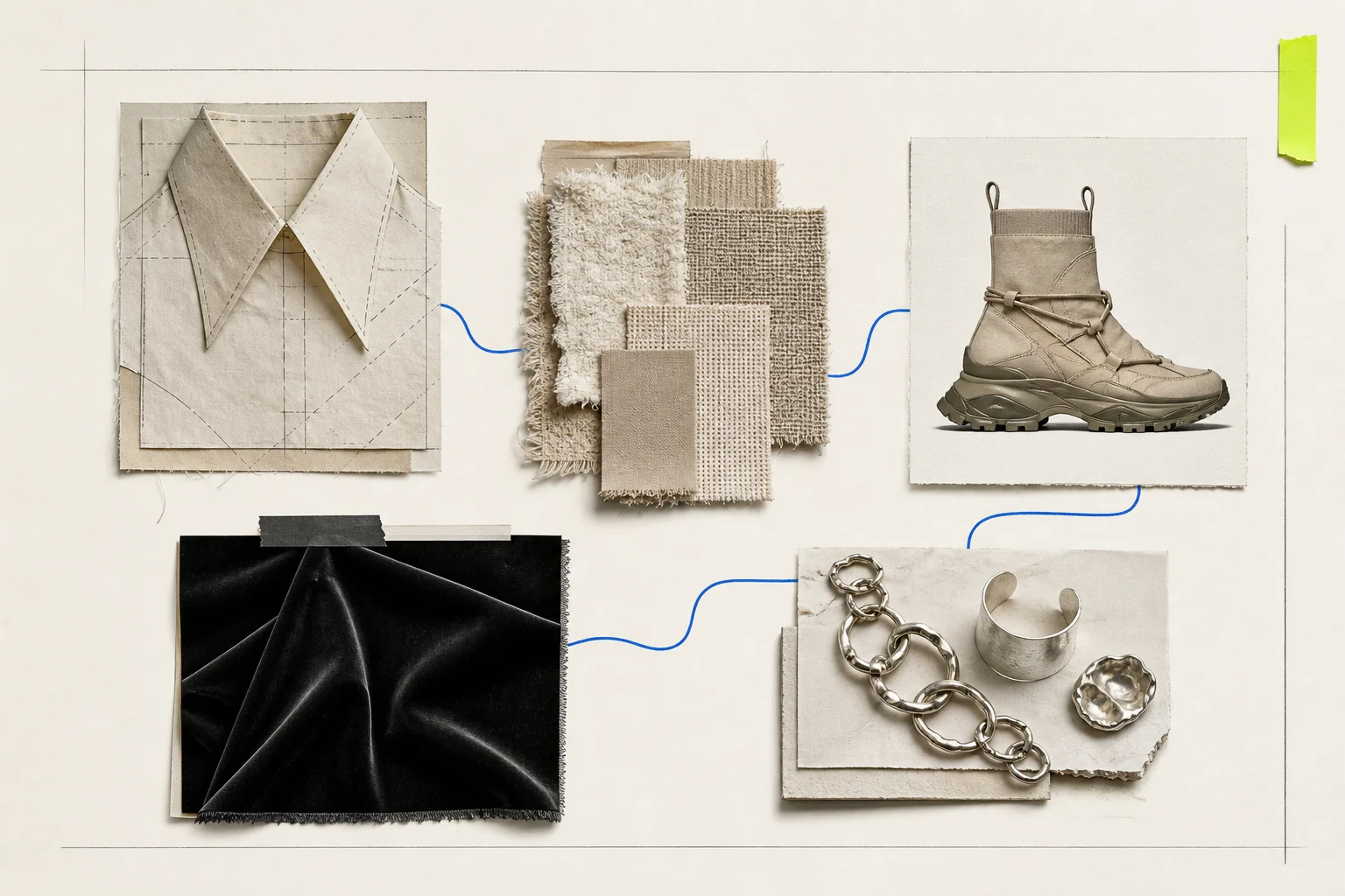 A non-documentary seasonal collage links collar, textured neutral, hybrid shoe, occasion fabric, and jewelry modules along a cobalt evidence path on warm paper.