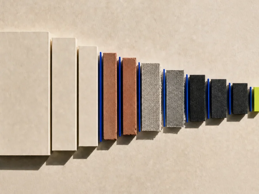 Abstract cream, clay, graphite, and silver cost layers compressed between cobalt dividers on warm paper, with one acid-lime human-review marker.