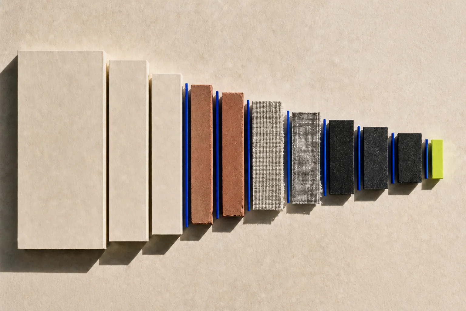 Abstract cream, clay, graphite, and silver cost layers compressed between cobalt dividers on warm paper, with one acid-lime human-review marker.