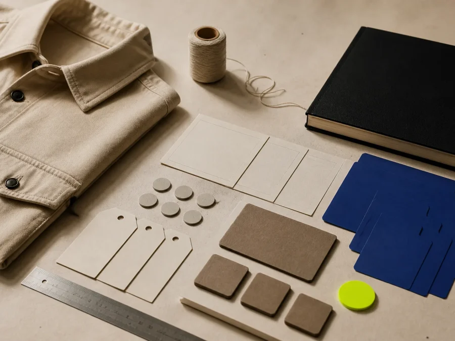 Fictional fashion pricing desk with blank cost tokens, folded fabric, a ruler, calculator-like blocks, cobalt dividers, and an acid-lime decision marker, without readable prices.