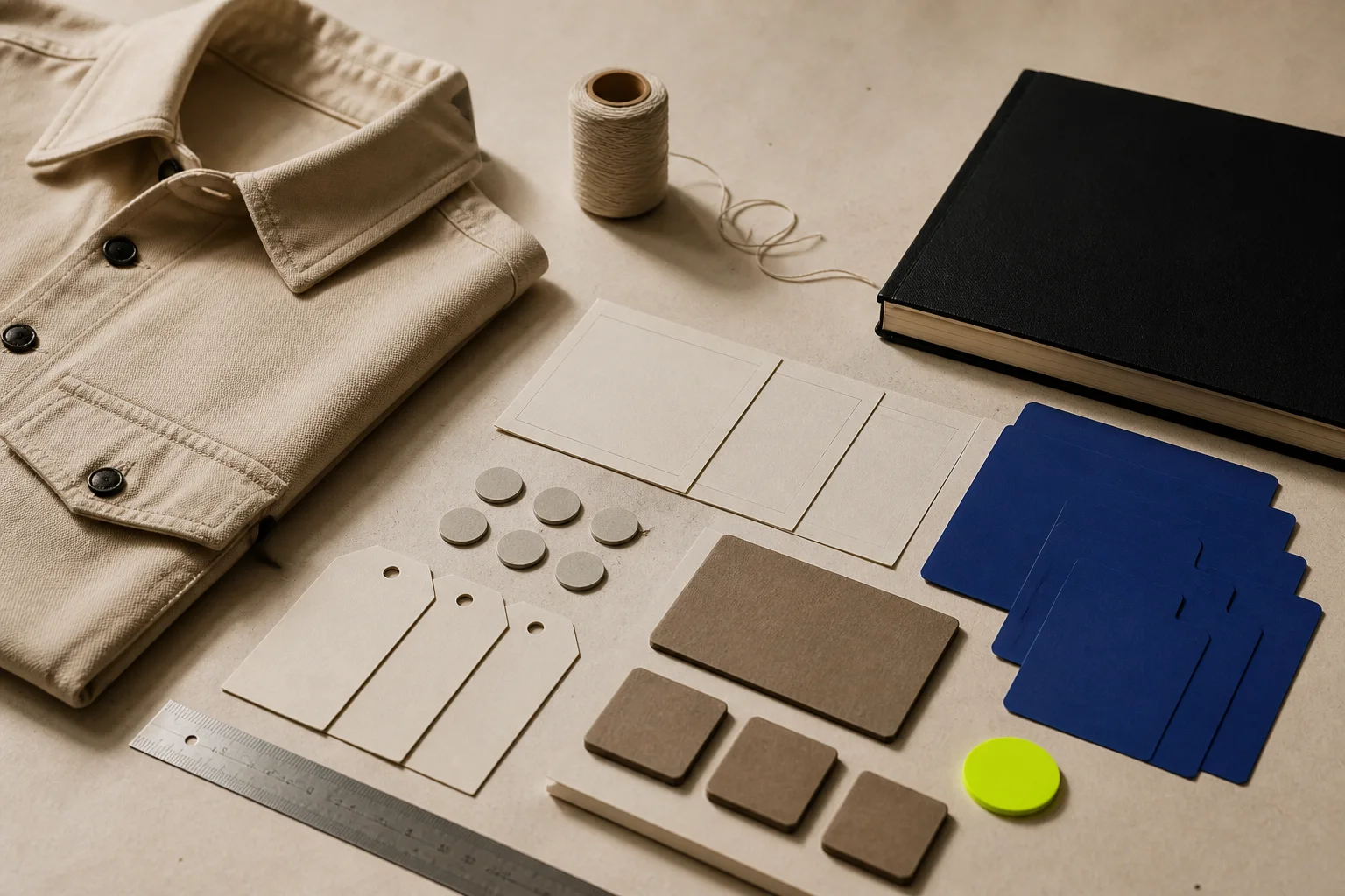 Fictional fashion pricing desk with blank cost tokens, folded fabric, a ruler, calculator-like blocks, cobalt dividers, and an acid-lime decision marker, without readable prices.