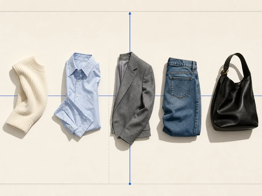 A non-documentary market-position study places five unbranded garments along price, product clarity, and service axes on warm paper.