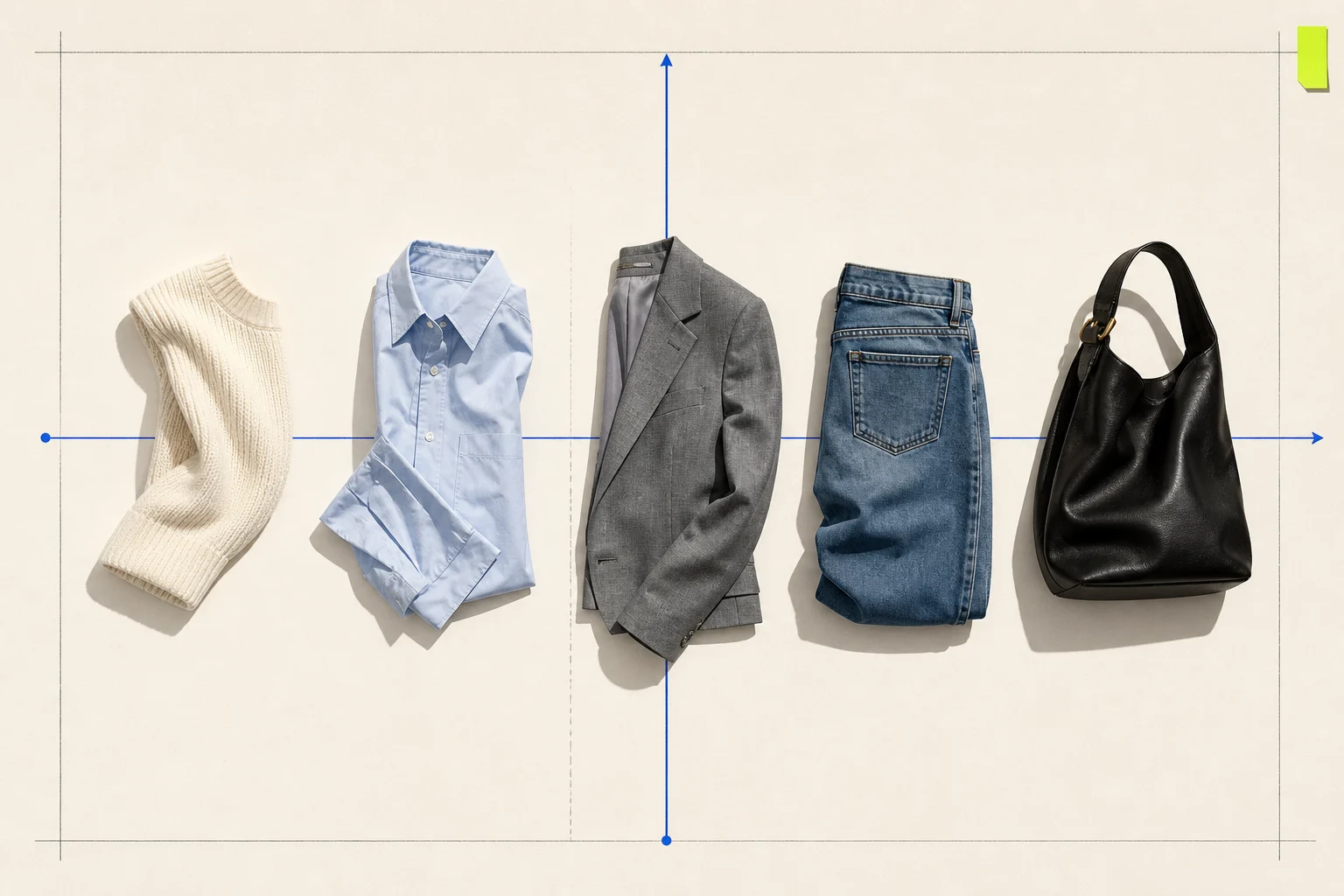 A non-documentary market-position study places five unbranded garments along price, product clarity, and service axes on warm paper.
